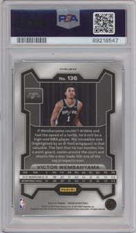 Victor Wembanyama from the 2023-24 Panini Prizm set featuring a Ice Prizm parallel graded by PSA and given an overall grade of 10.