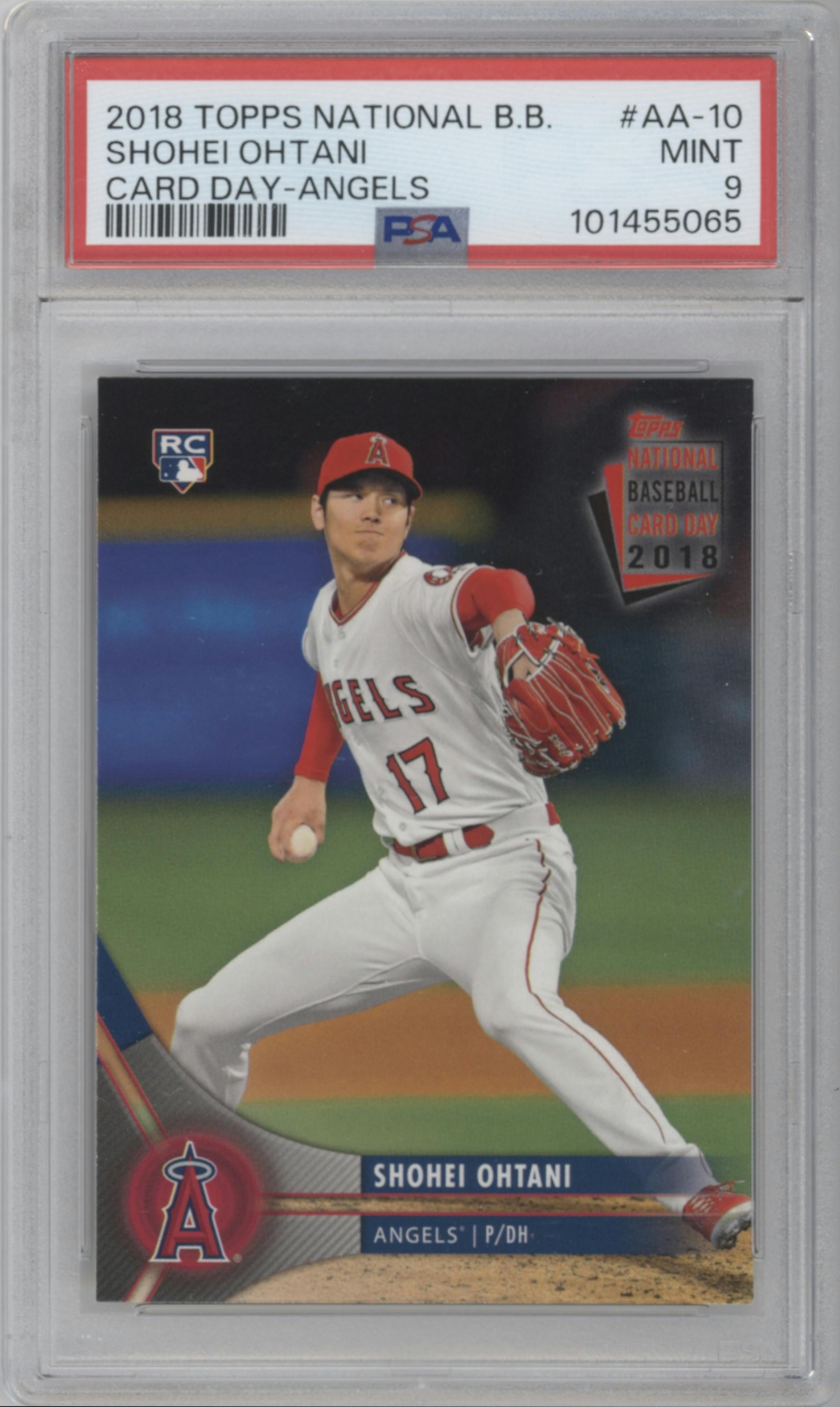 Shohei Ohtani from the 2018 Topps National Baseball Card Day Los Angeles Angels SGA set graded by PSA and given an overall grade of 9.