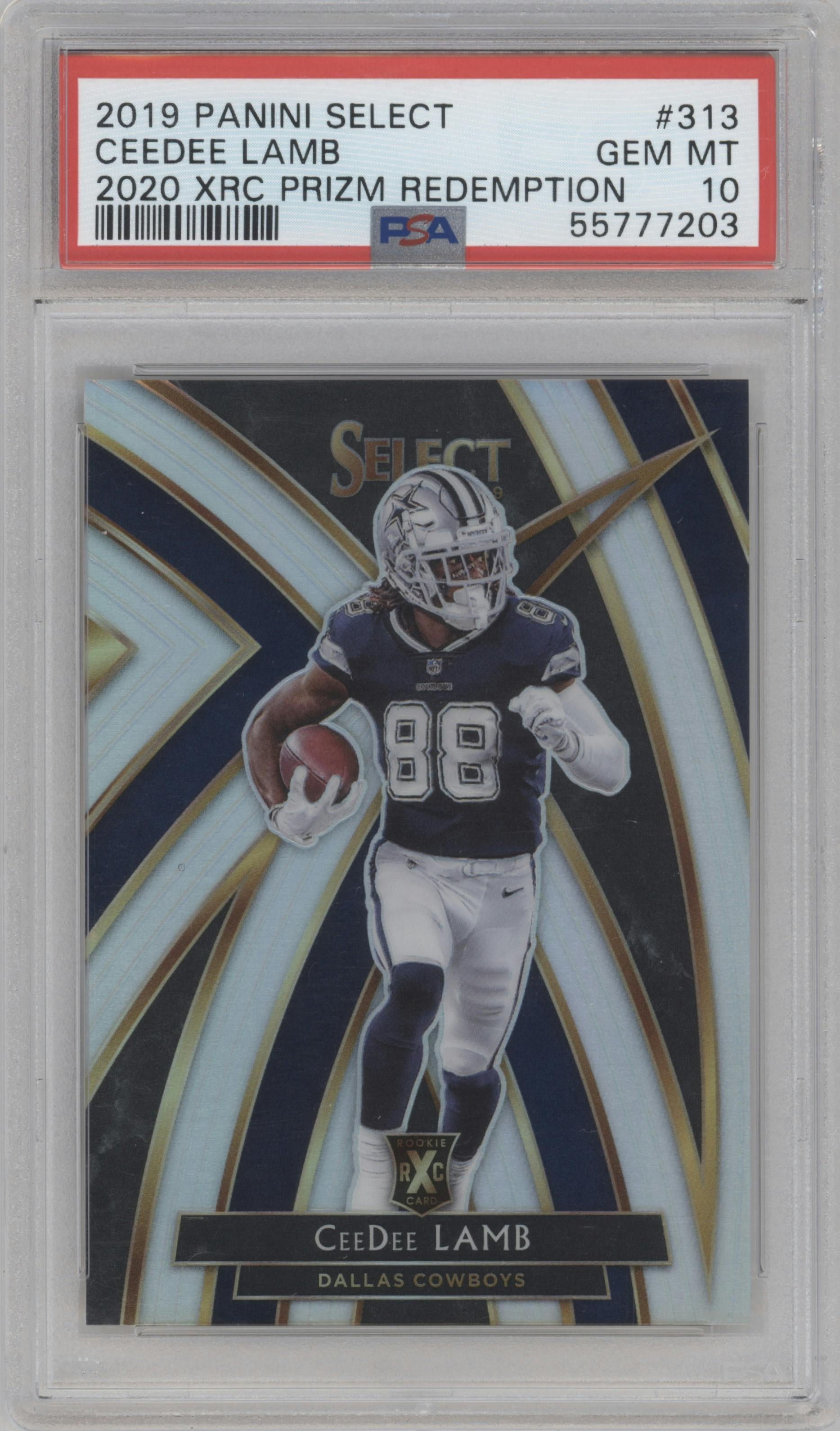 CeeDee Lamb from the 2019 Panini Select  set graded by PSA and given an overall grade of 10.