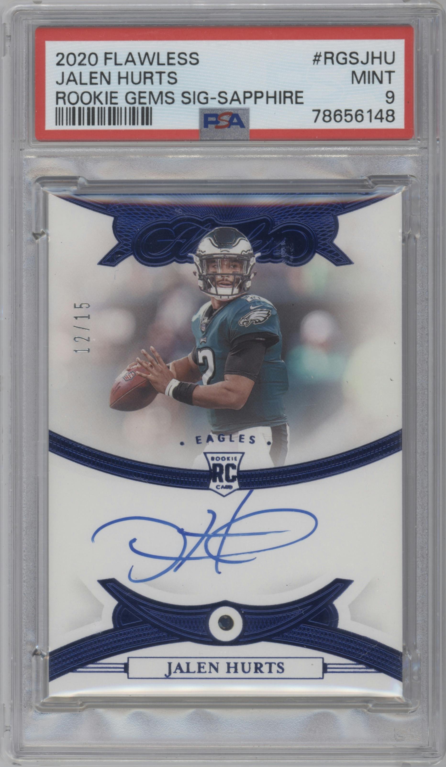 Jalen Hurts from the 2020 Panini Flawless set featuring a Sapphire parallel graded by PSA and given an overall grade of 9.