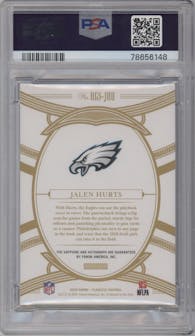 Jalen Hurts from the 2020 Panini Flawless set featuring a Sapphire parallel graded by PSA and given an overall grade of 9.