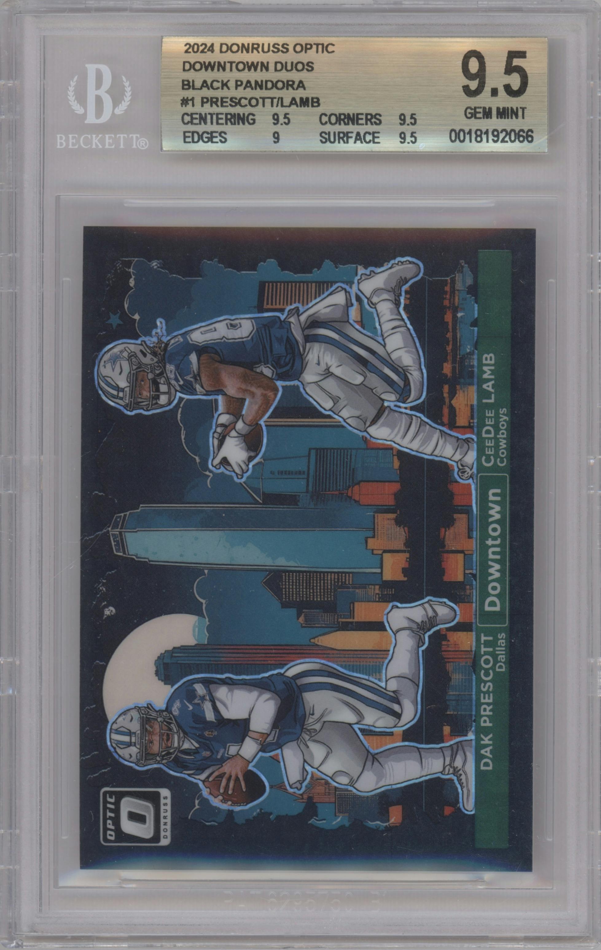 Dak Prescott/CeeDee Lamb from the 2024 Donruss Optic set featuring a Black Pandora parallel graded by Beckett and given an overall grade of 9.5.