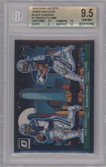 Dak Prescott/CeeDee Lamb from the 2024 Donruss Optic set featuring a Black Pandora parallel graded by Beckett and given an overall grade of 9.5.