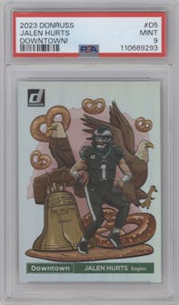 Jalen Hurts from the 2023 Panini Donruss set graded by PSA and given an overall grade of 9.