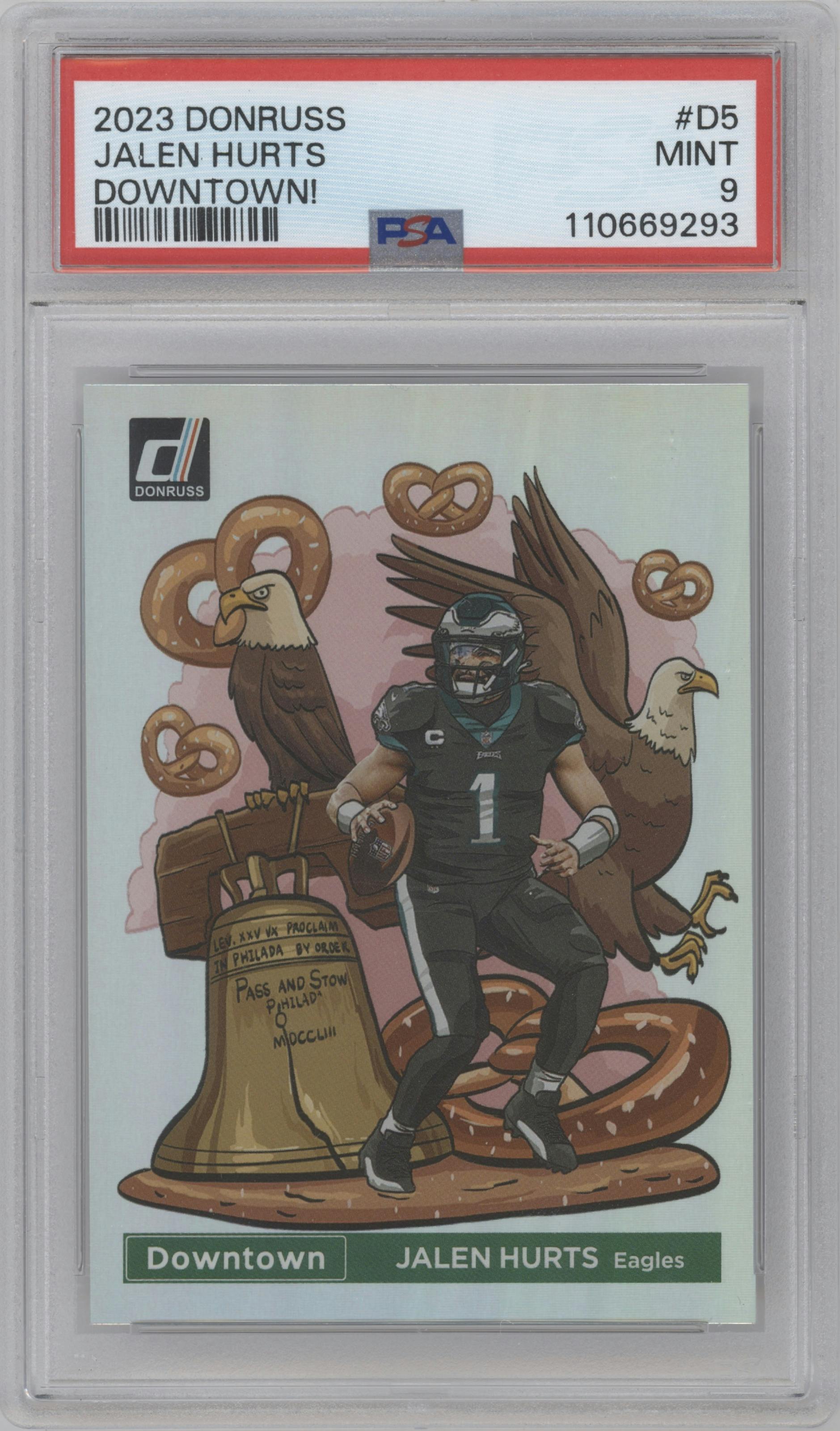 Jalen Hurts from the 2023 Panini Donruss set graded by PSA and given an overall grade of 9.