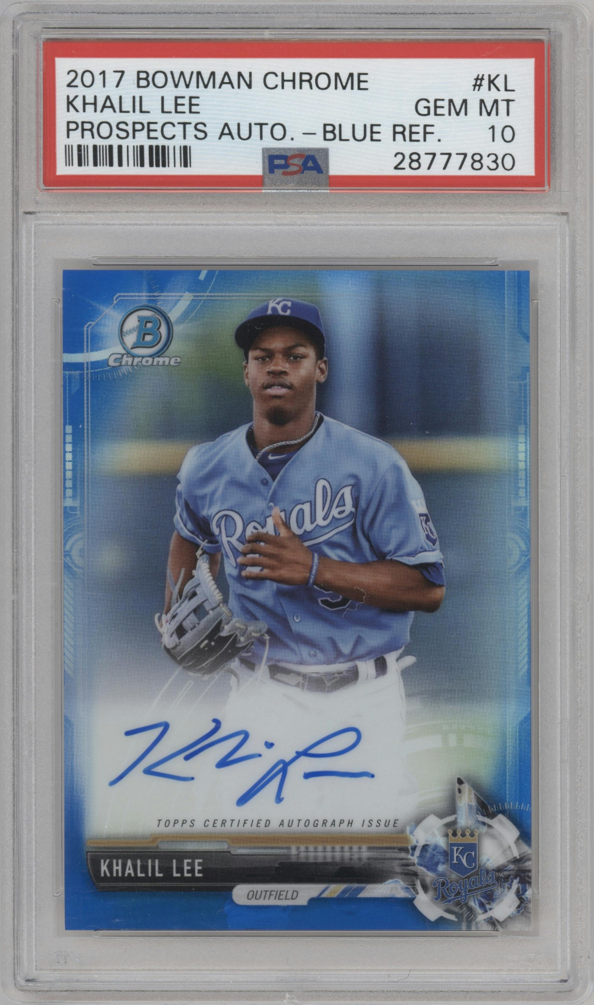 Khalil Lee from the 2017 Bowman Chrome set featuring a Blue Refractor parallel graded by PSA and given an overall grade of 10.