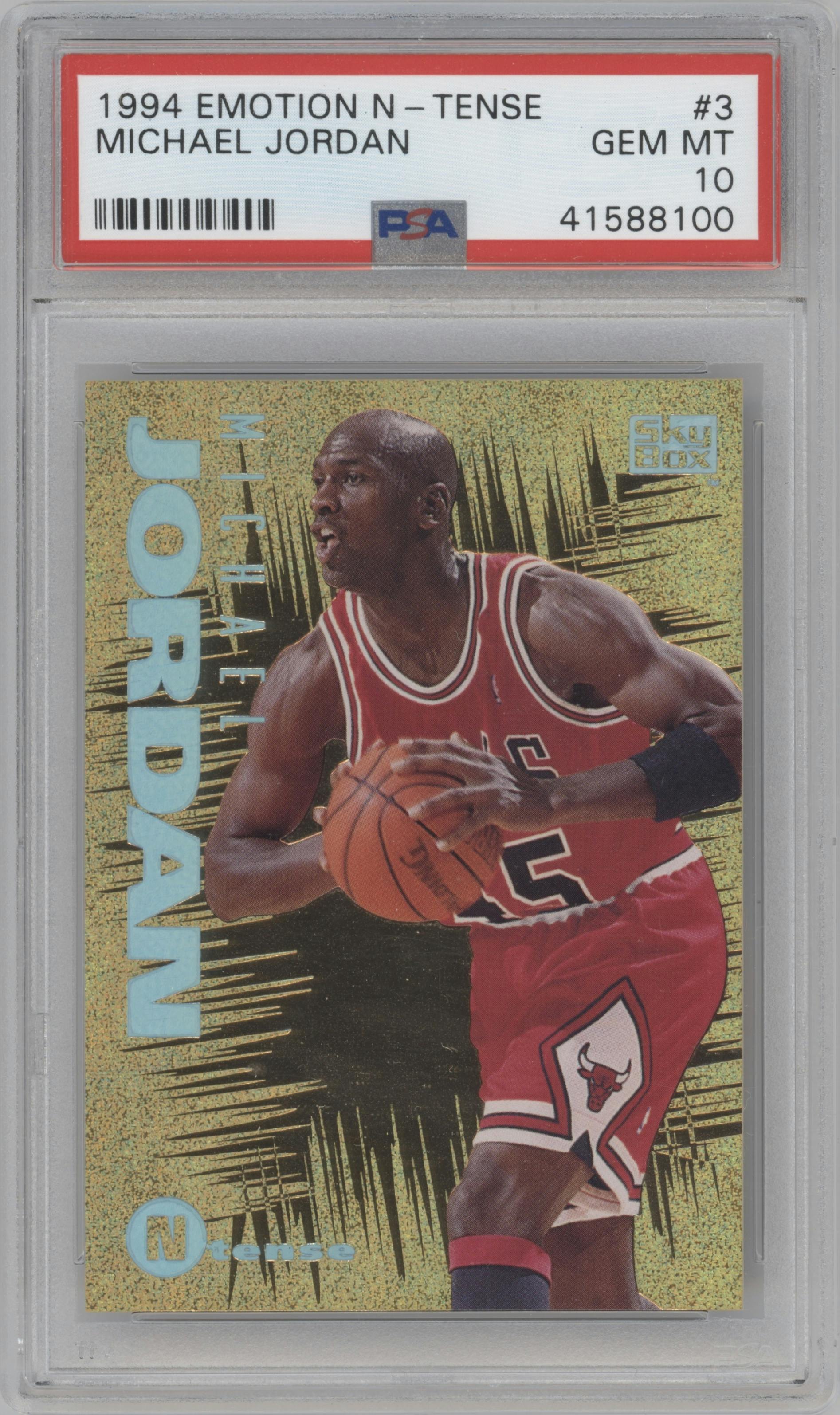 Michael Jordan from the 1994-95 Skybox E-Motion set graded by PSA and given an overall grade of 10.