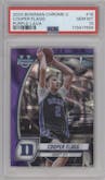 Cooper Flagg from the 2024-25 Bowman University Chrome set featuring a Purple Lava Refractor parallel graded by PSA and given an overall grade of 10.