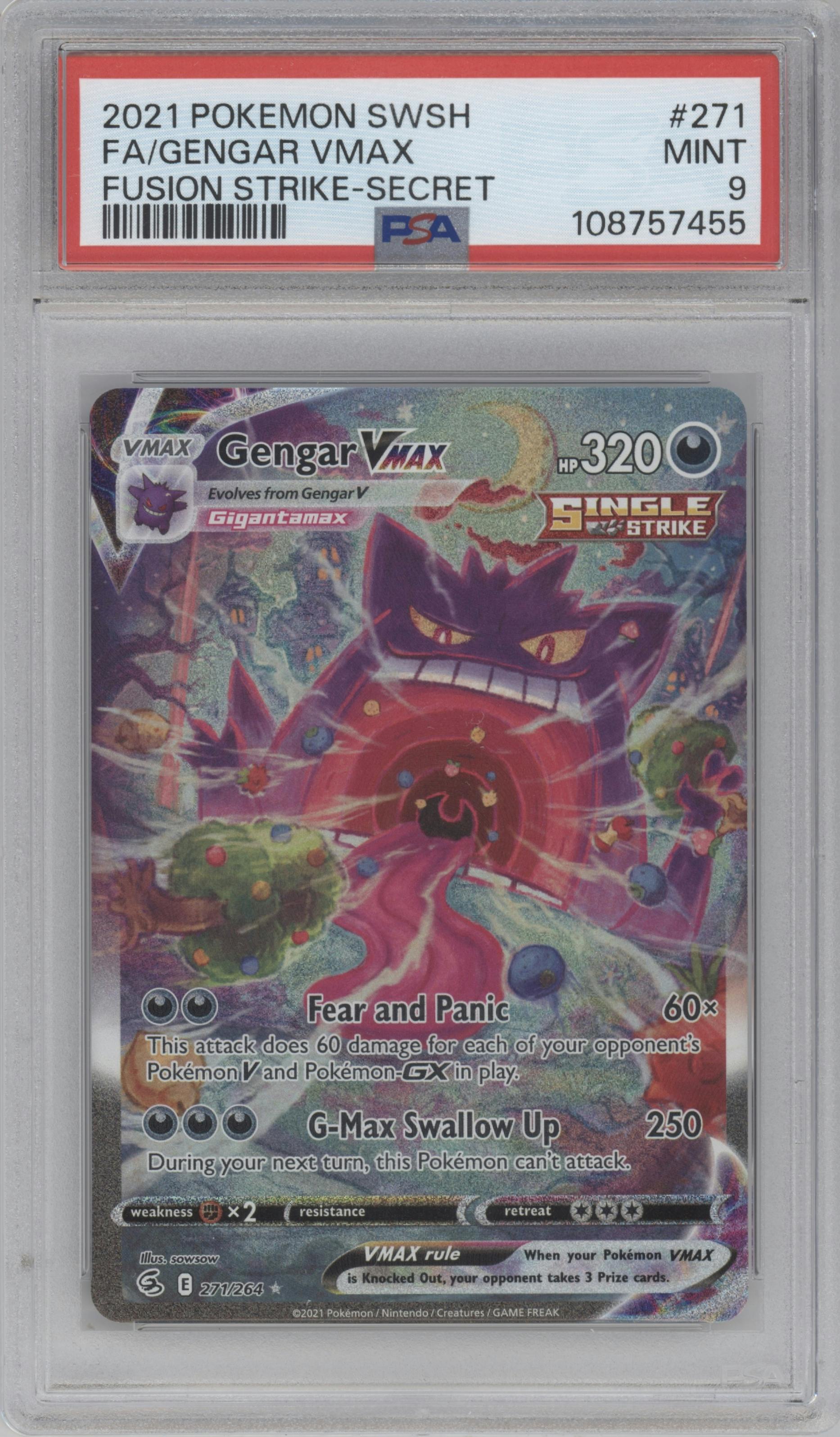Gengar VMAX from the 2021 Pokemon SWSH set graded by PSA and given an overall grade of 9.