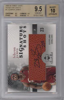 LeBron James from the 2005-06 Upper Deck Sweet Shot set graded by Beckett and given an overall grade of 9.5.