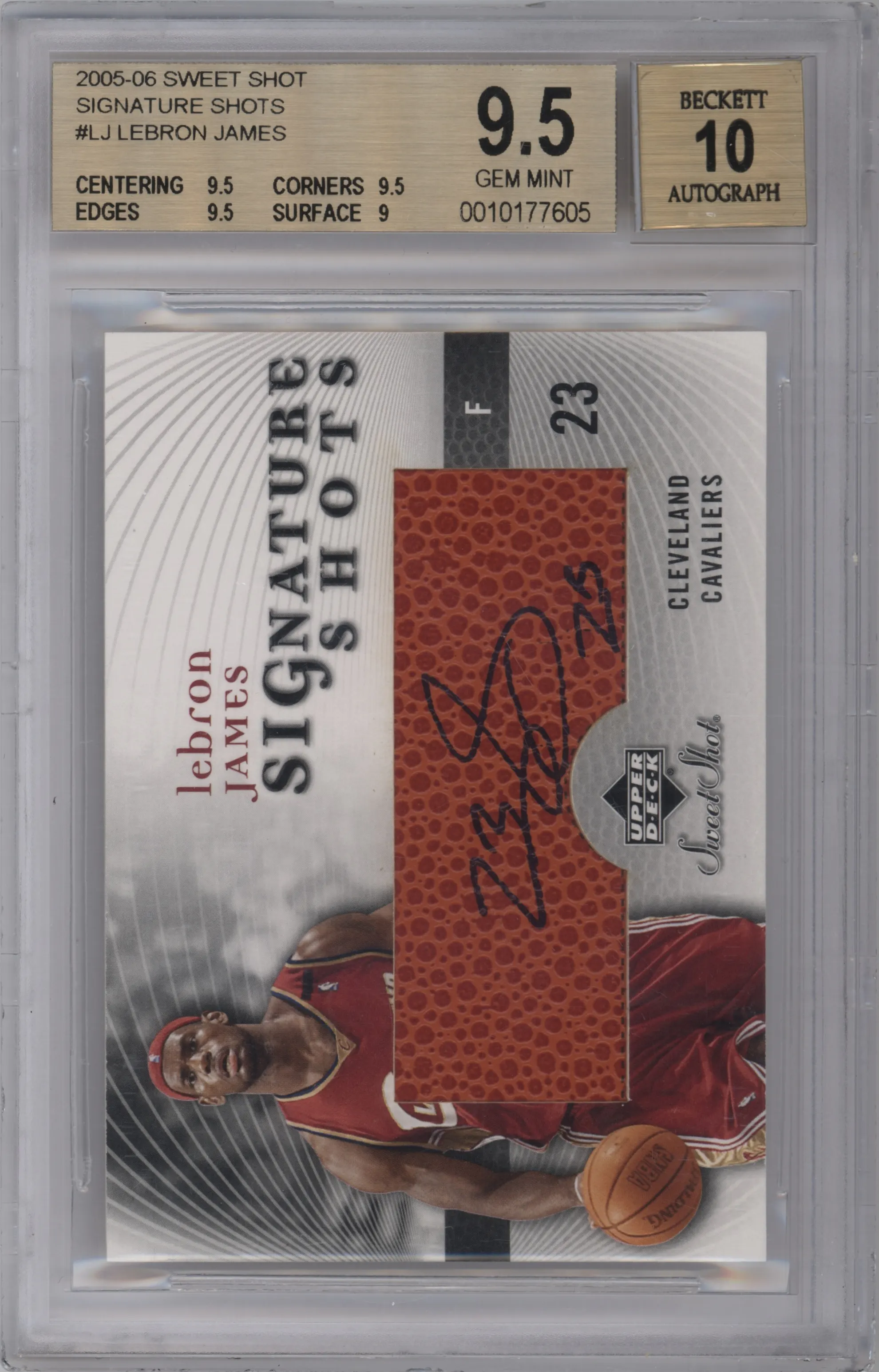 LeBron James from the 2005-06 Upper Deck Sweet Shot set graded by Beckett and given an overall grade of 9.5.