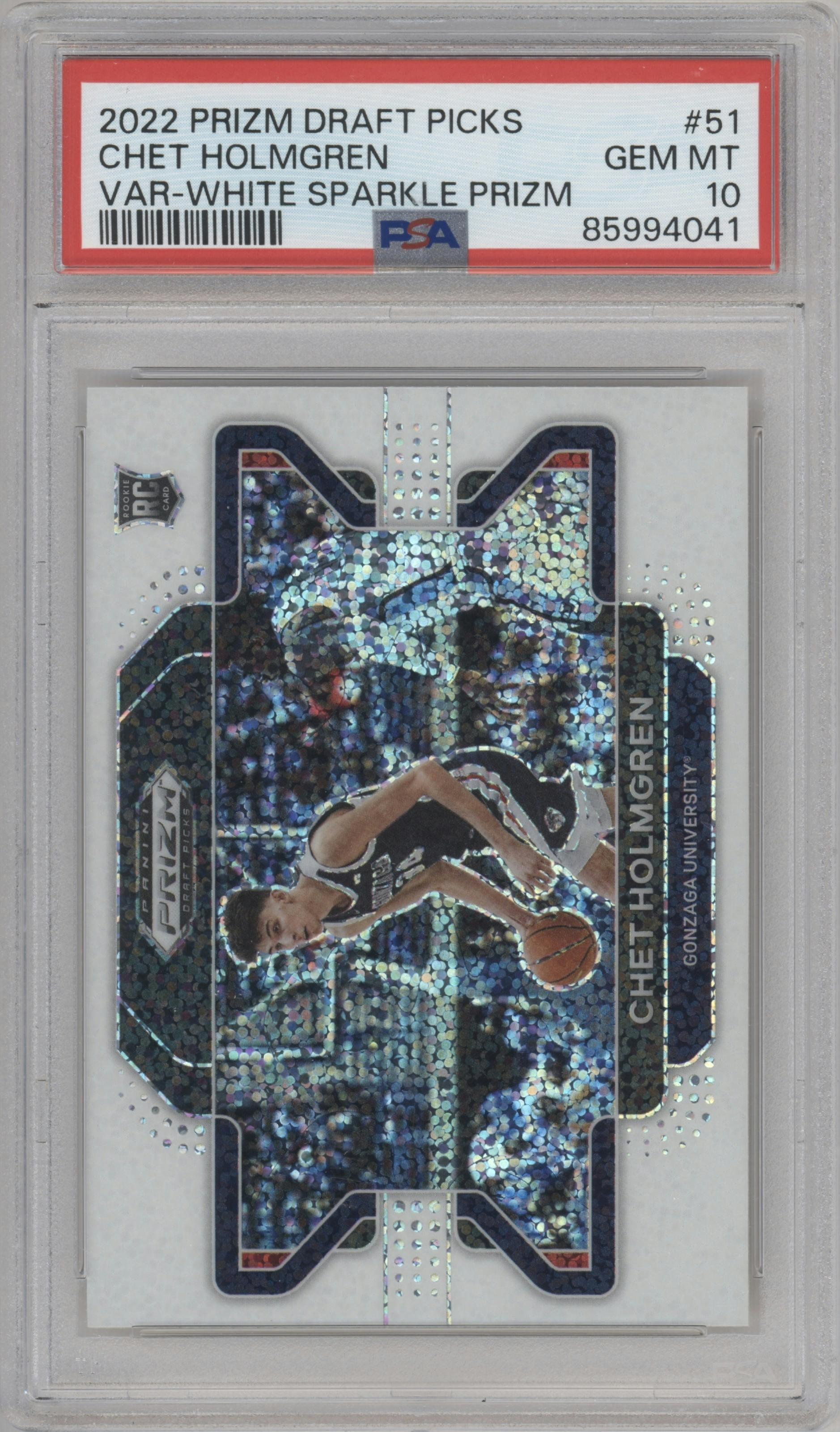Chet Holmgren from the 2022-23 Panini Prizm Draft Picks set featuring a White Sparkle parallel graded by PSA and given an overall grade of 10.