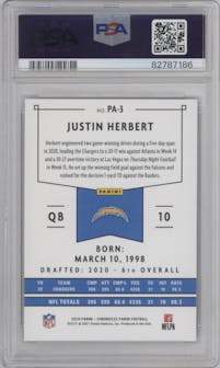 Justin Herbert from the 2020 Panini Chronicles set graded by PSA and given an overall grade of 9.