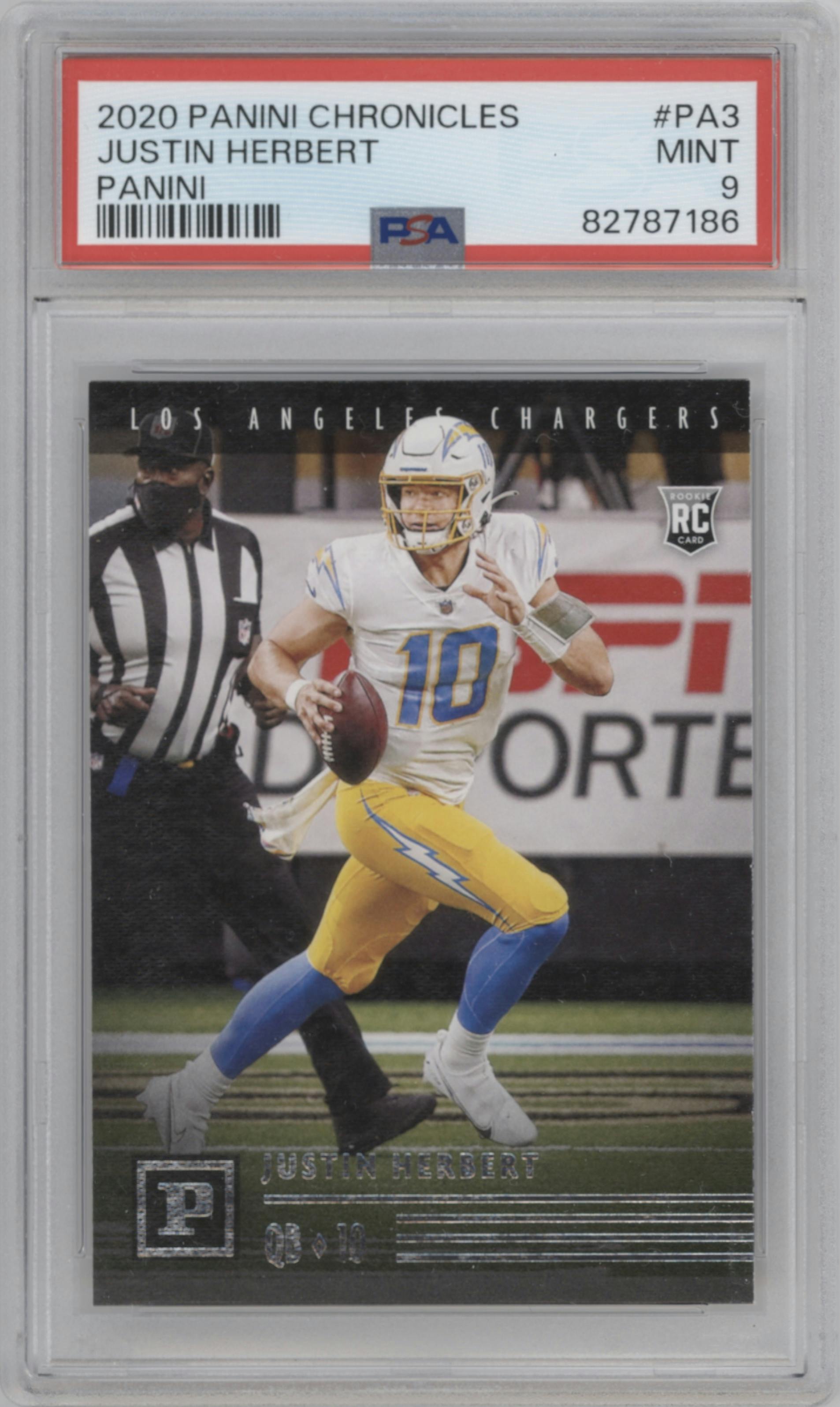 Justin Herbert from the 2020 Panini Chronicles set graded by PSA and given an overall grade of 9.