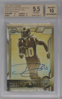 Todd Gurley from the 2015 Topps Chrome set featuring a Gold Refractor parallel graded by Beckett and given an overall grade of 9.5.