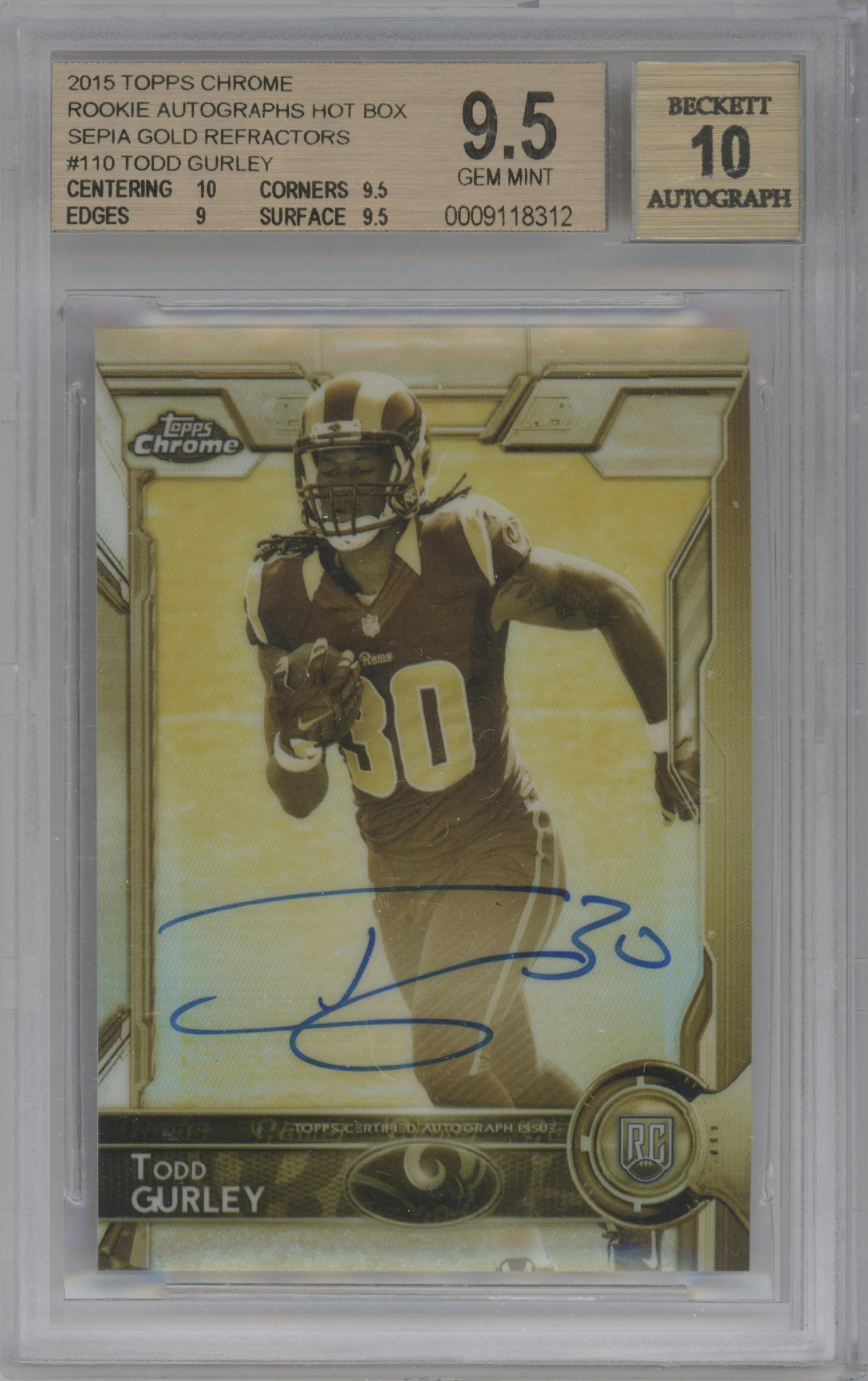 Todd Gurley from the 2015 Topps Chrome set featuring a Gold Refractor parallel graded by Beckett and given an overall grade of 9.5.