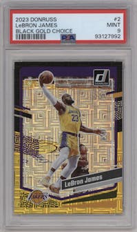 LeBron James from the 2023-24 Panini Donruss set featuring a Choice Black Gold parallel graded by PSA and given an overall grade of 9.
