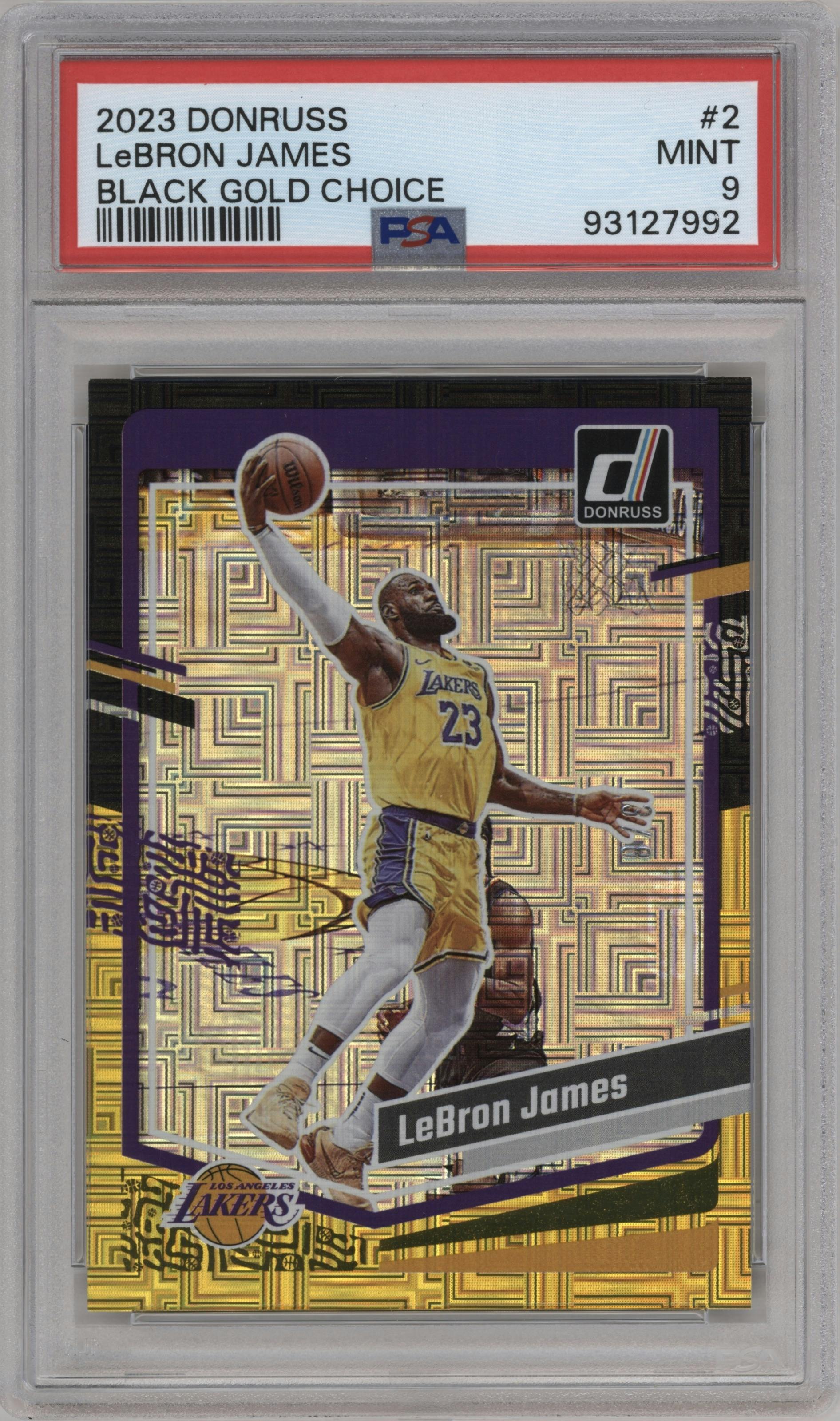 LeBron James from the 2023-24 Panini Donruss set featuring a Choice Black Gold parallel graded by PSA and given an overall grade of 9.