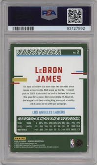 LeBron James from the 2023-24 Panini Donruss set featuring a Choice Black Gold parallel graded by PSA and given an overall grade of 9.