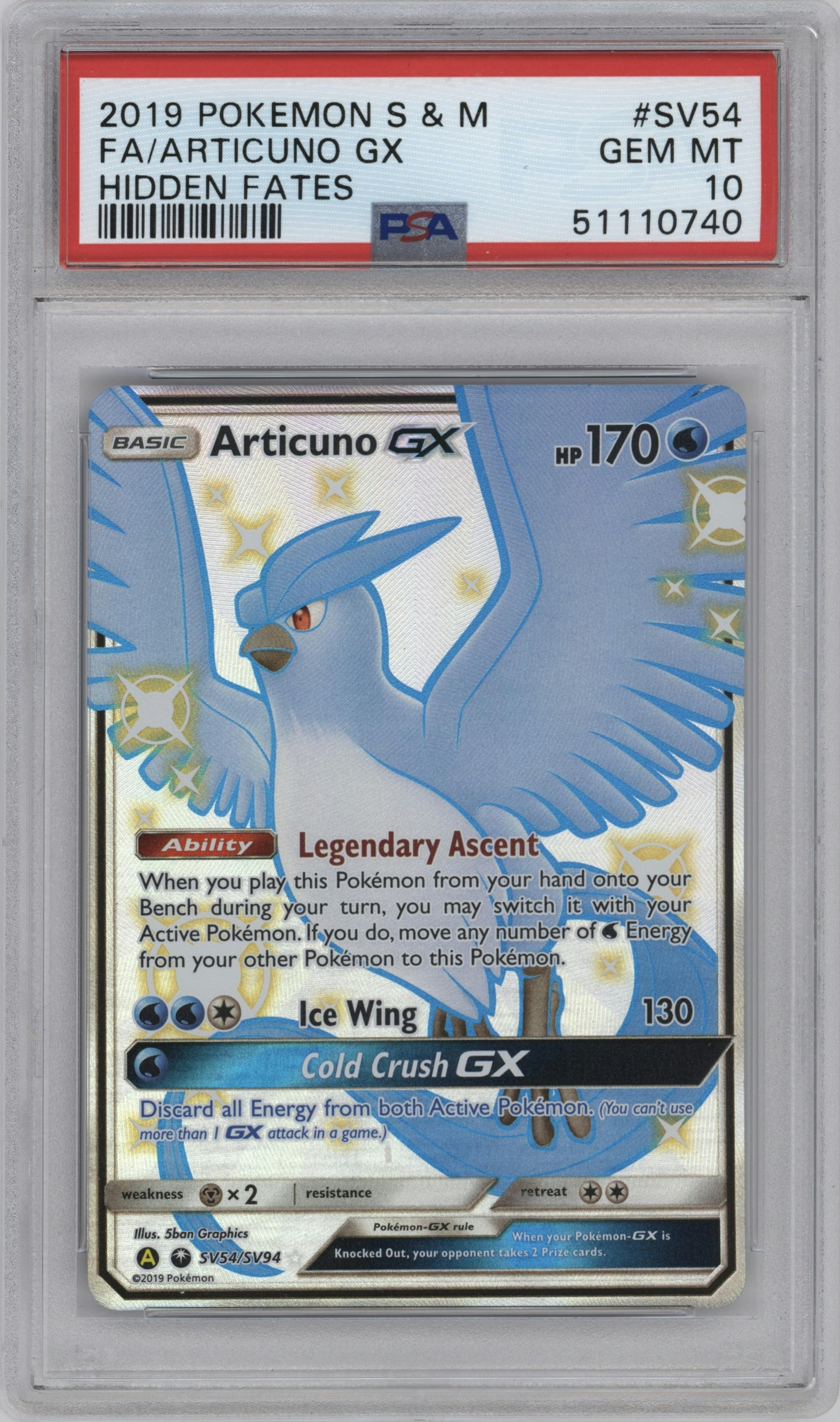 Articuno GX from the 2019 Pokemon S&M  set graded by PSA and given an overall grade of 10.