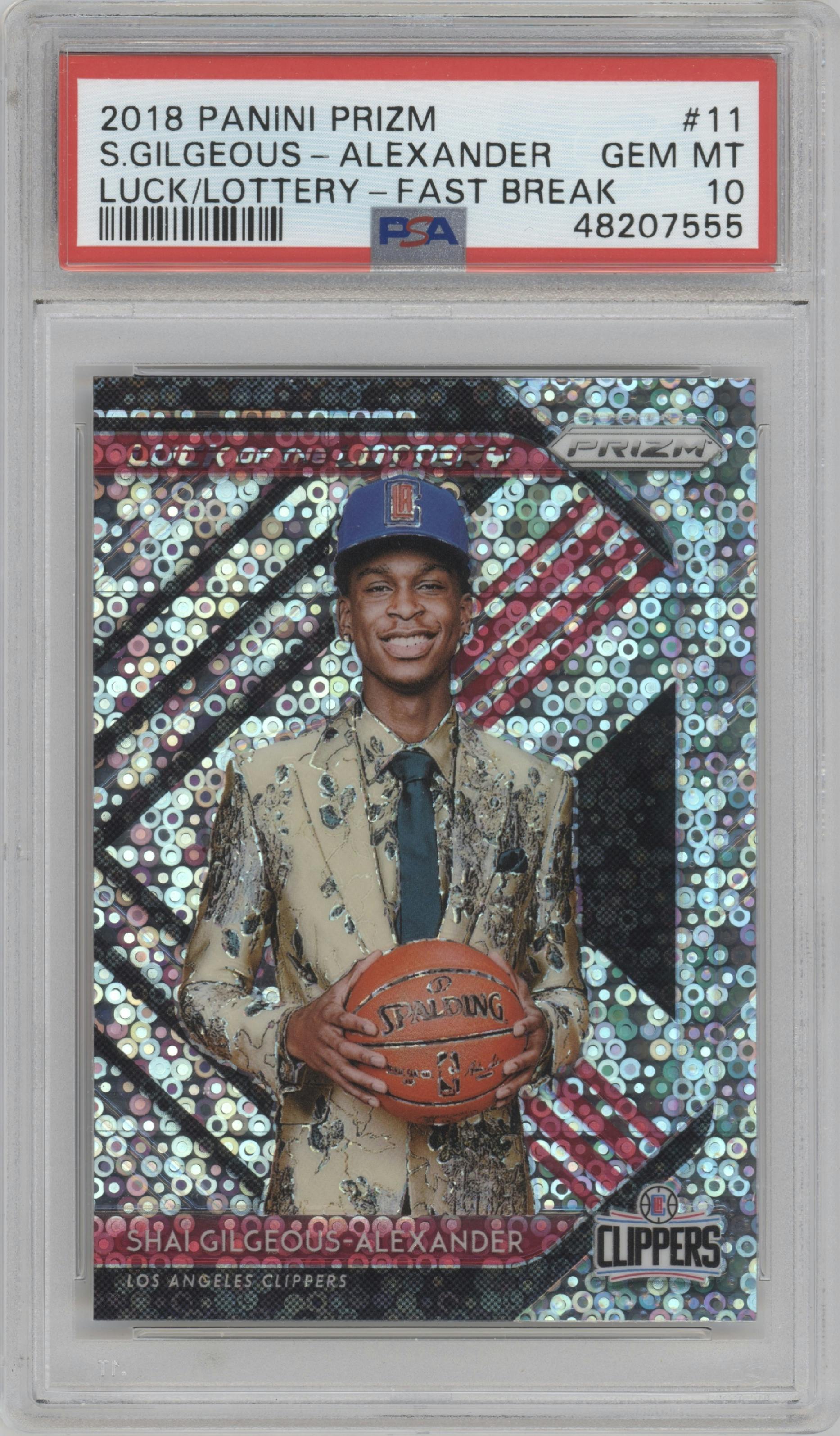 Shai Gilgeous-Alexander from the 2018-19 Panini Prizm set featuring a Fast Break parallel graded by PSA and given an overall grade of 10.