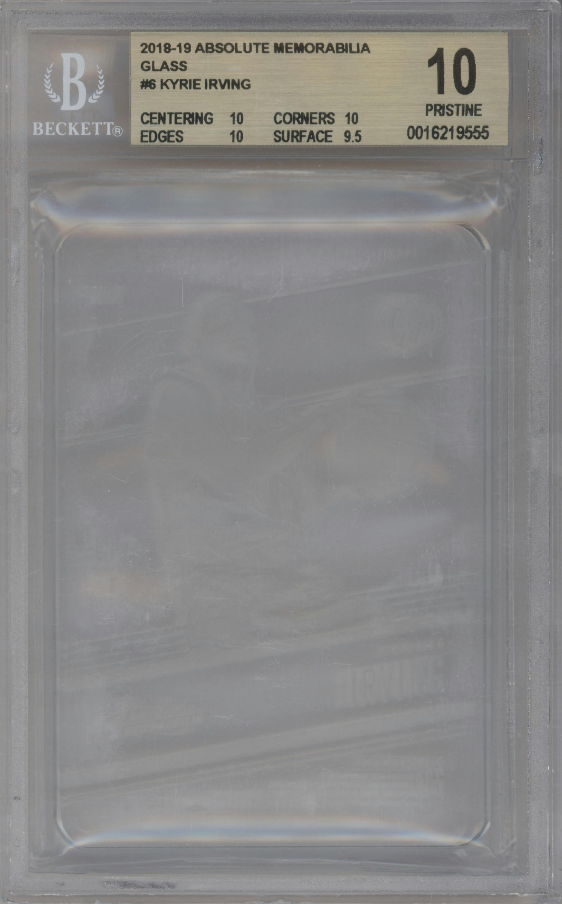 Kyrie Irving from the 2018-19 Panini Absolute Memorabilia set graded by Beckett and given an overall grade of 10.