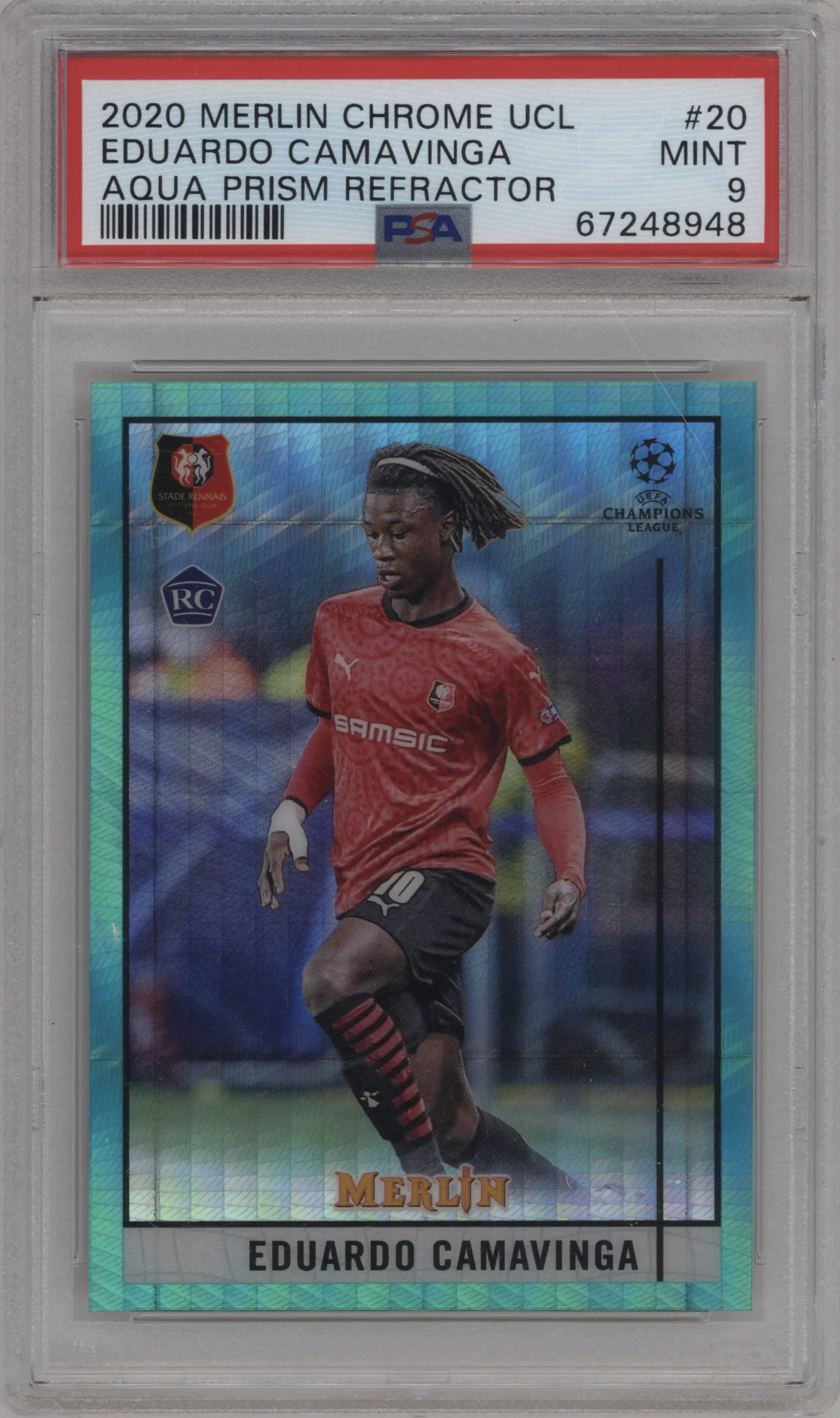 2020 Topps Chrome Merlin UEFA Eduardo Camavinga Aqua Prism Refractor #20 PSA 9