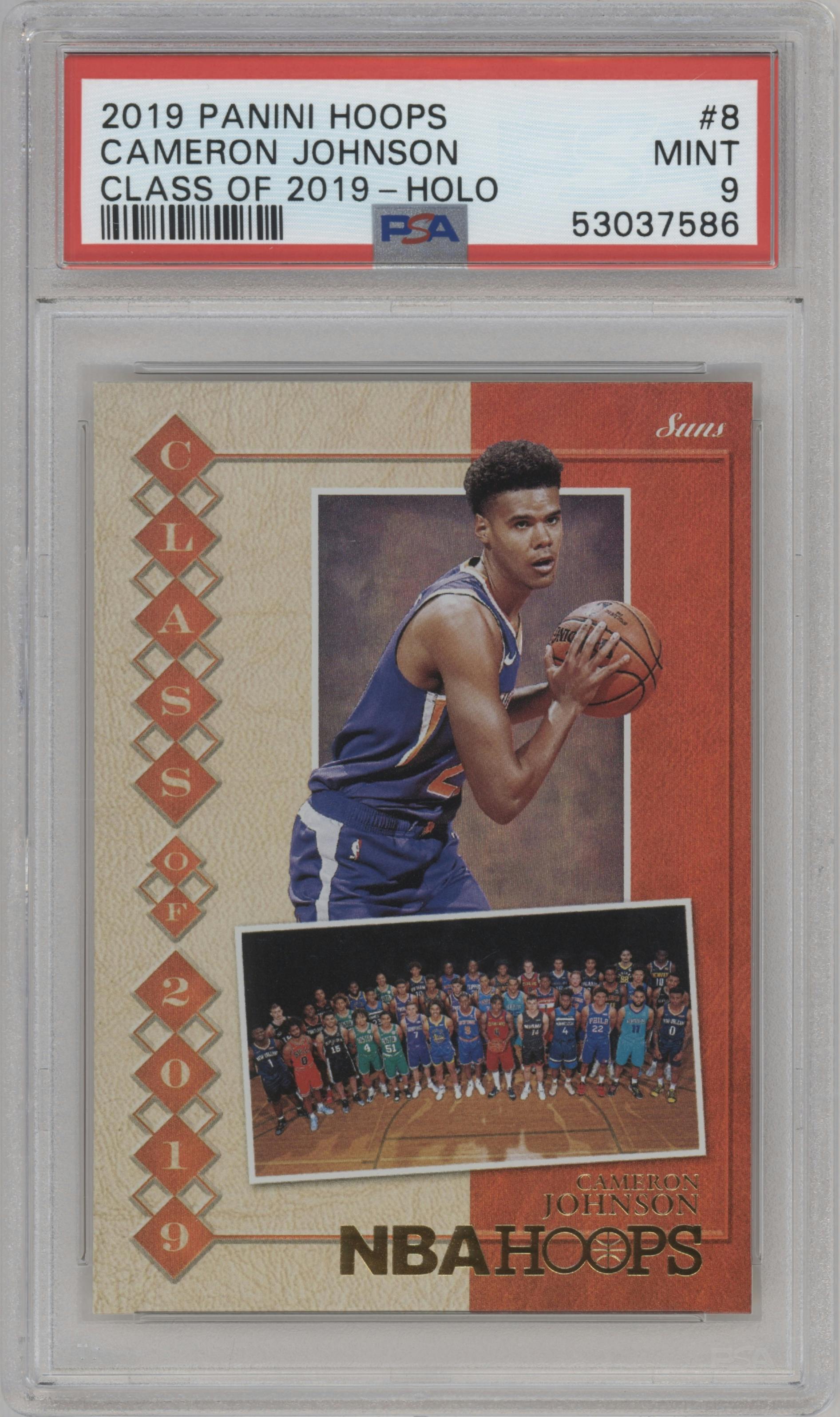 Cameron Johnson from the 2019-20 Panini NBA Hoops set featuring a Holo parallel graded by PSA and given an overall grade of 9.