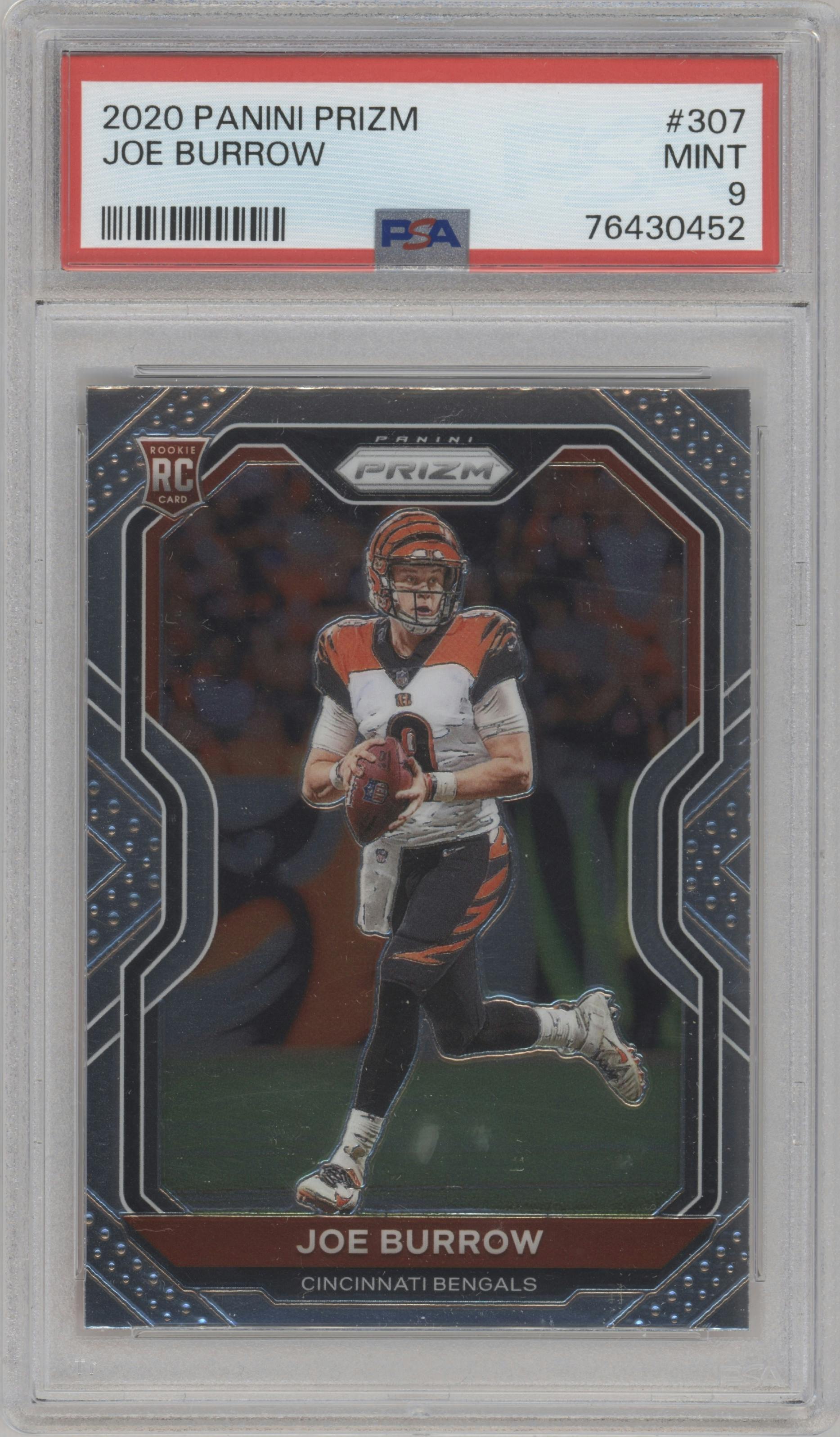 Joe Burrow from the 2020 Panini Prizm set graded by PSA and given an overall grade of 9.