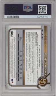 Jackson Merrill from the 2022 Bowman Chrome set graded by PSA and given an overall grade of 9.