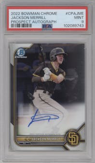 Jackson Merrill from the 2022 Bowman Chrome set graded by PSA and given an overall grade of 9.
