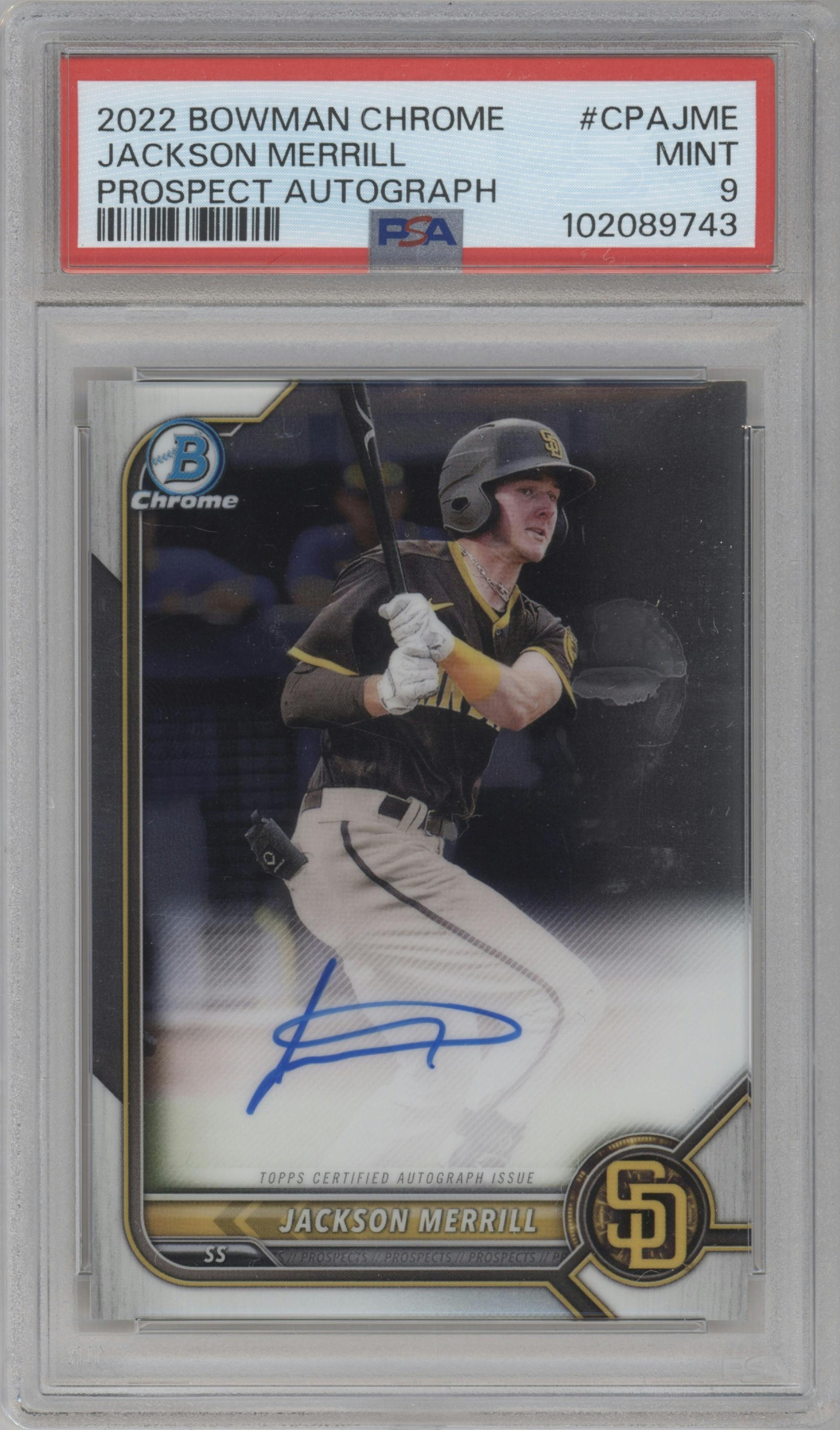 Jackson Merrill from the 2022 Bowman Chrome set graded by PSA and given an overall grade of 9.