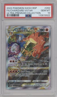 Charizard VSTAR from the 2022 Pokemon SWSH set featuring a Ultra Premium Collection parallel graded by PSA and given an overall grade of 10.