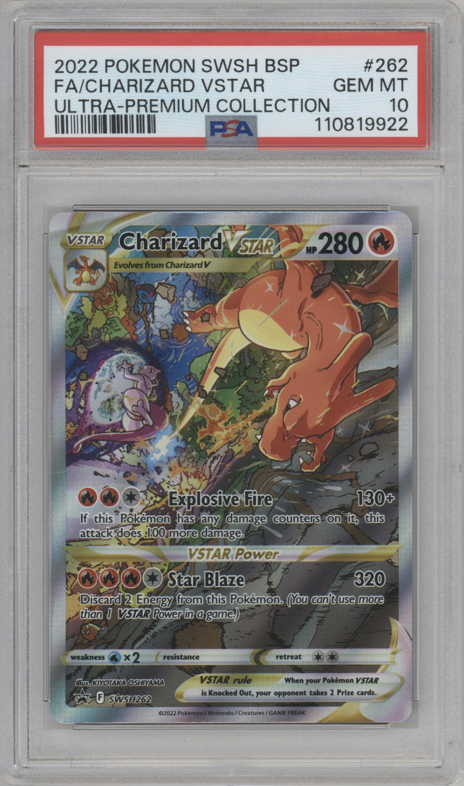 Charizard VSTAR from the 2022 Pokemon SWSH set featuring a Ultra Premium Collection parallel graded by PSA and given an overall grade of 10.
