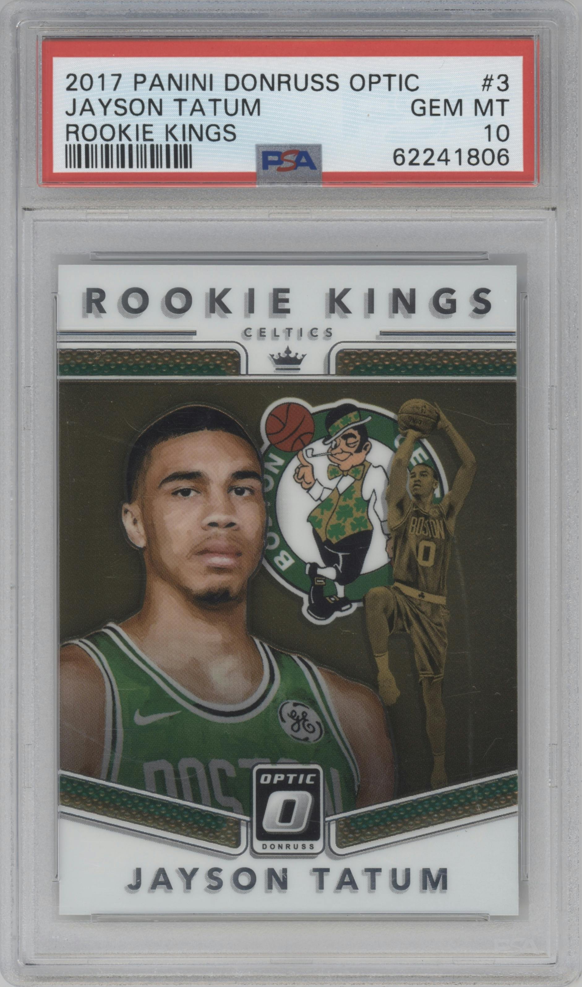 Jayson Tatum from the 2017-18 Panini Donruss Optic set graded by PSA and given an overall grade of 10.