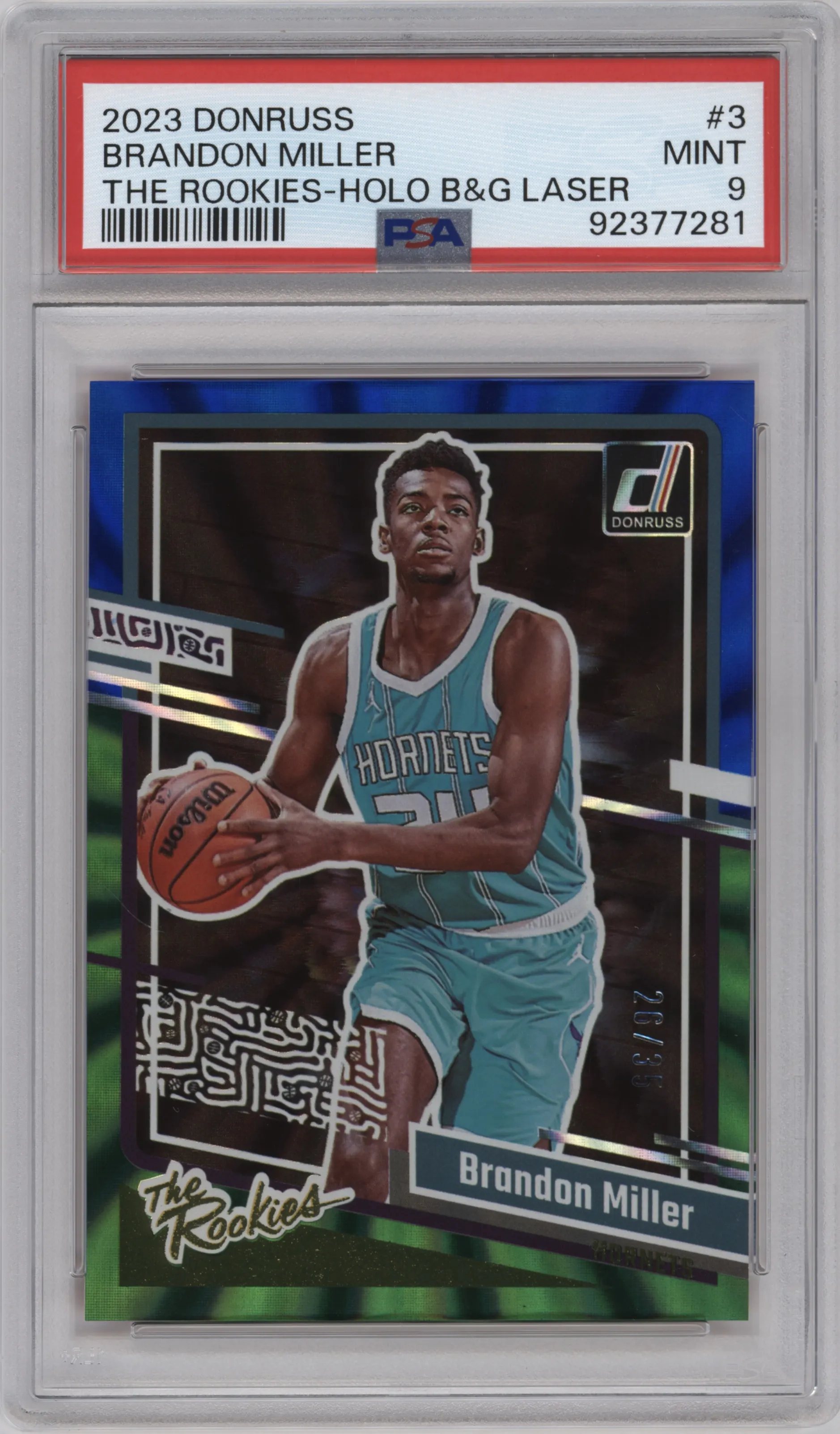 2023 Panini Donruss The Rookies Brandon Miller Blue Green Holo Laser #3 PSA 9