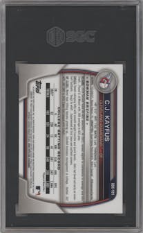 C.J. Kayfus from the 2023 Bowman Draft set featuring a Orange Refractor parallel graded by SGC and given an overall grade of 9.5.