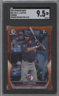 C.J. Kayfus from the 2023 Bowman Draft set featuring a Orange Refractor parallel graded by SGC and given an overall grade of 9.5.