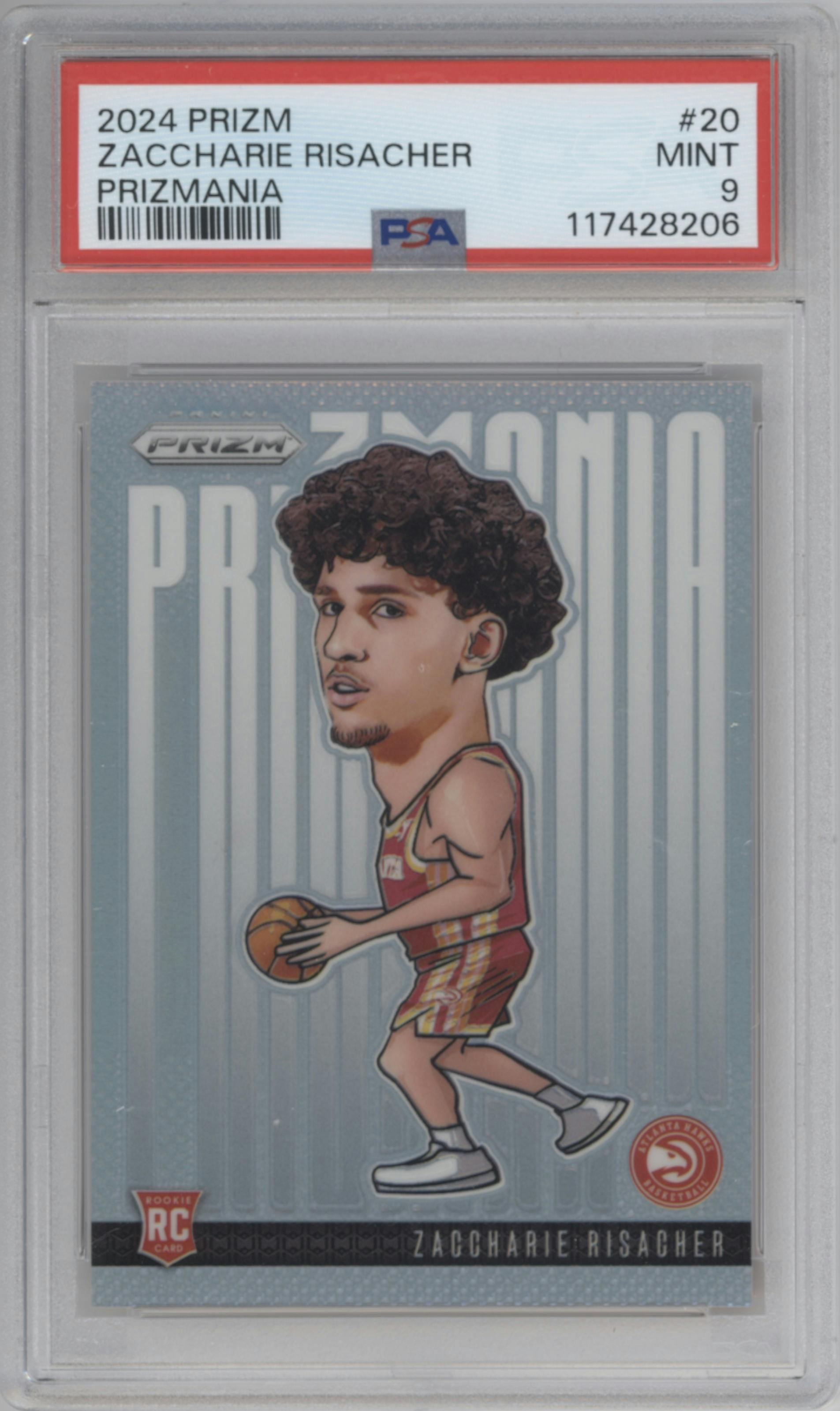 Zaccharie Risacher from the 2024-25 Panini Prizm set graded by PSA and given an overall grade of 9.
