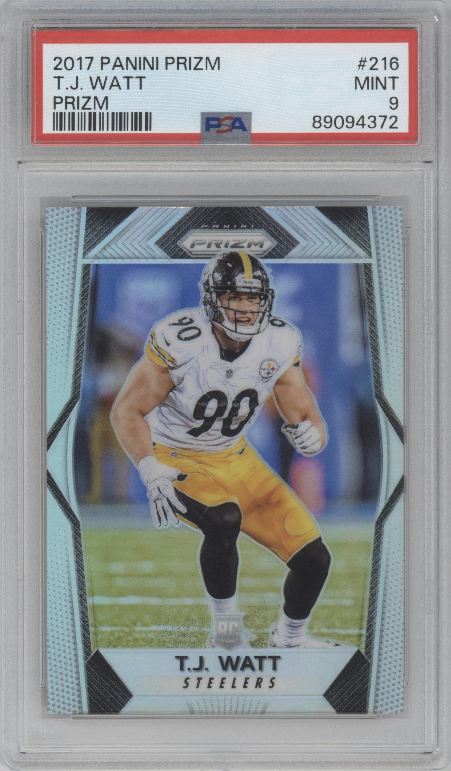 T.J. Watt from the 2017 Panini Prizm set featuring a Prizm parallel graded by PSA and given an overall grade of 9.