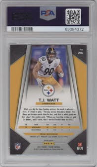 T.J. Watt from the 2017 Panini Prizm set featuring a Prizm parallel graded by PSA and given an overall grade of 9.