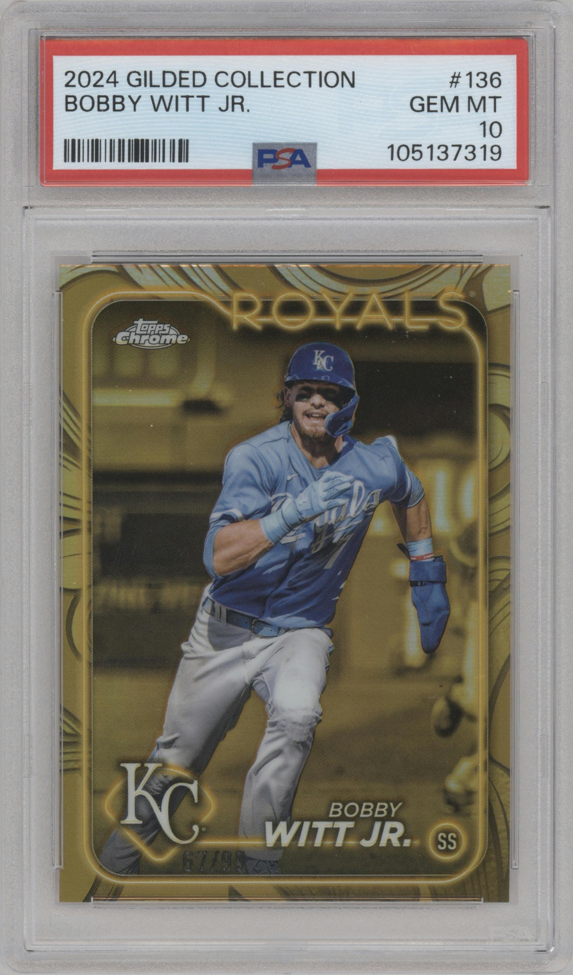 Bobby Witt Jr. from the 2024 Topps Gilded Collection set graded by PSA and given an overall grade of 10.