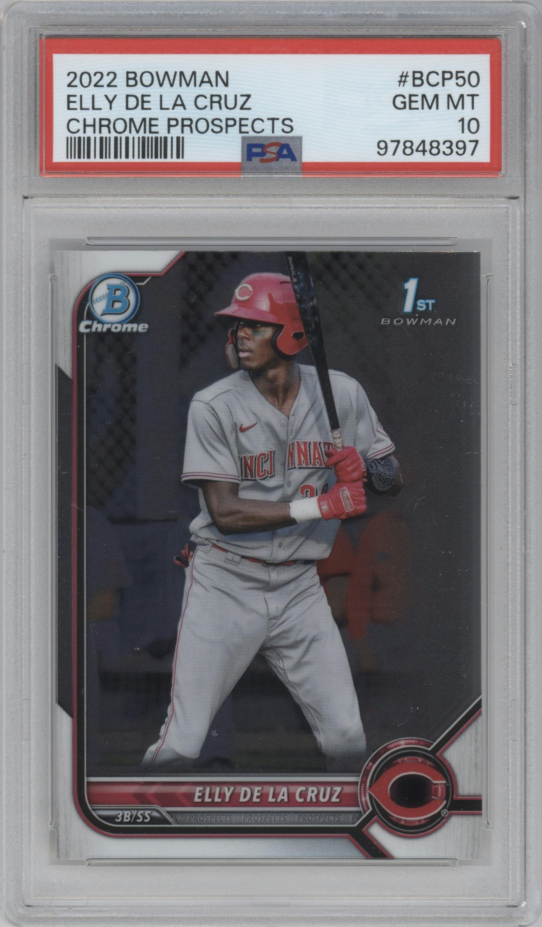 Elly De La Cruz from the 2022 Bowman set graded by PSA and given an overall grade of 10.
