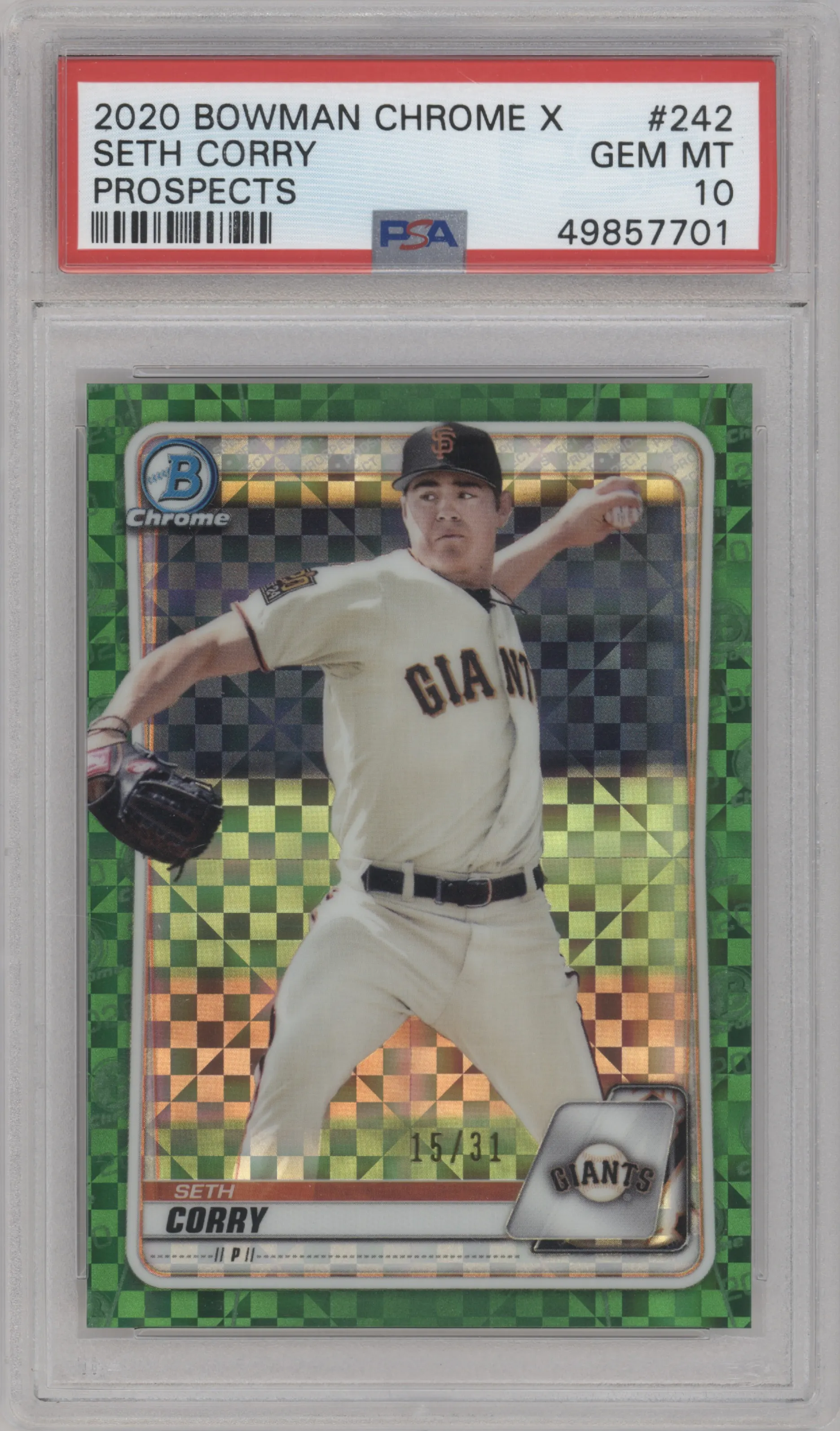 2020 Bowman Chrome Prospects Seth Corry Green X-Fractor PSA 10