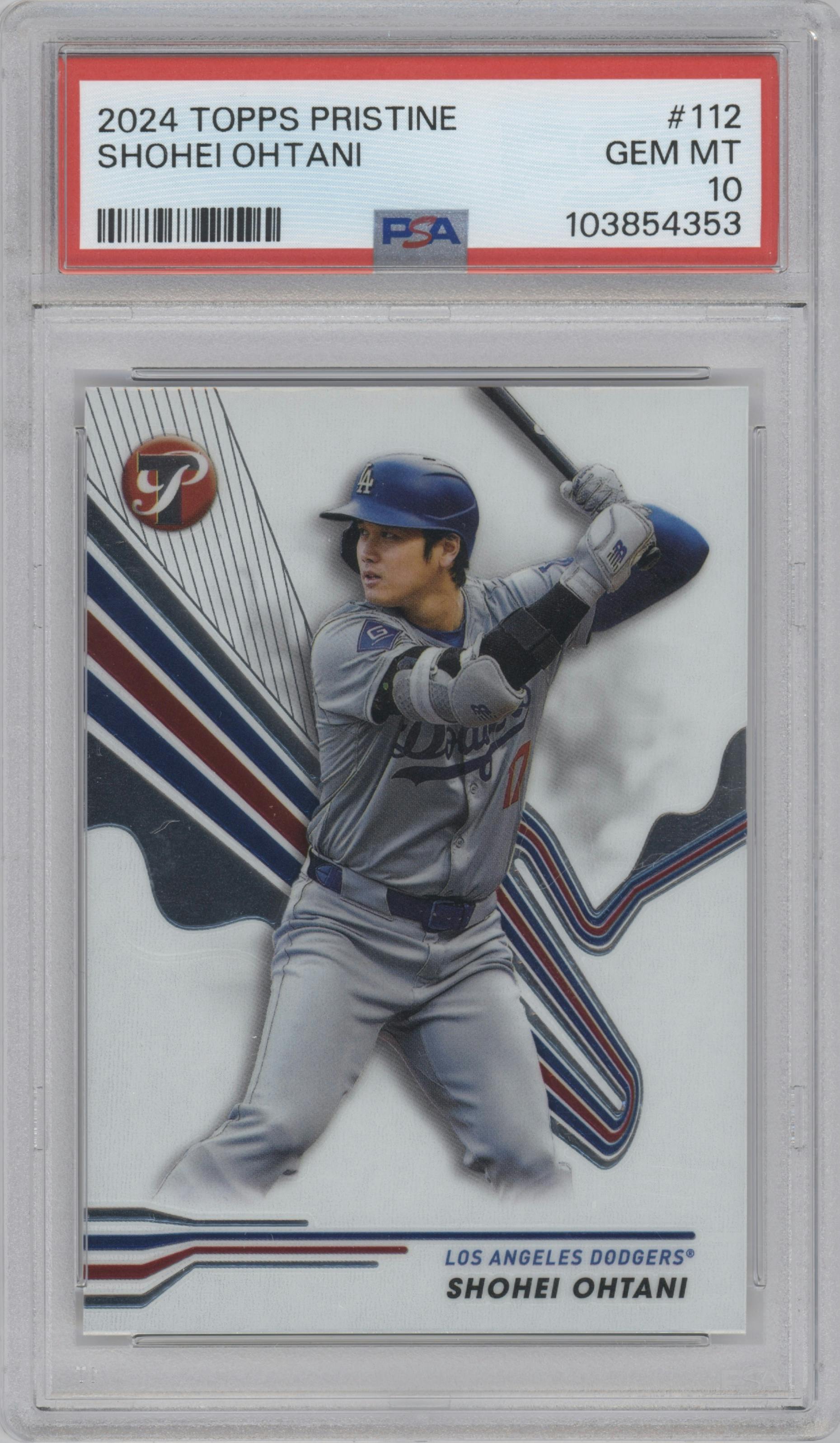 Shohei Ohtani from the 2024 Topps Pristine set graded by PSA and given an overall grade of 10.