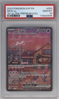 Mew ex from the 2023 Pokemon SV set featuring a Ultra Premium Collection parallel graded by PSA and given an overall grade of 10.