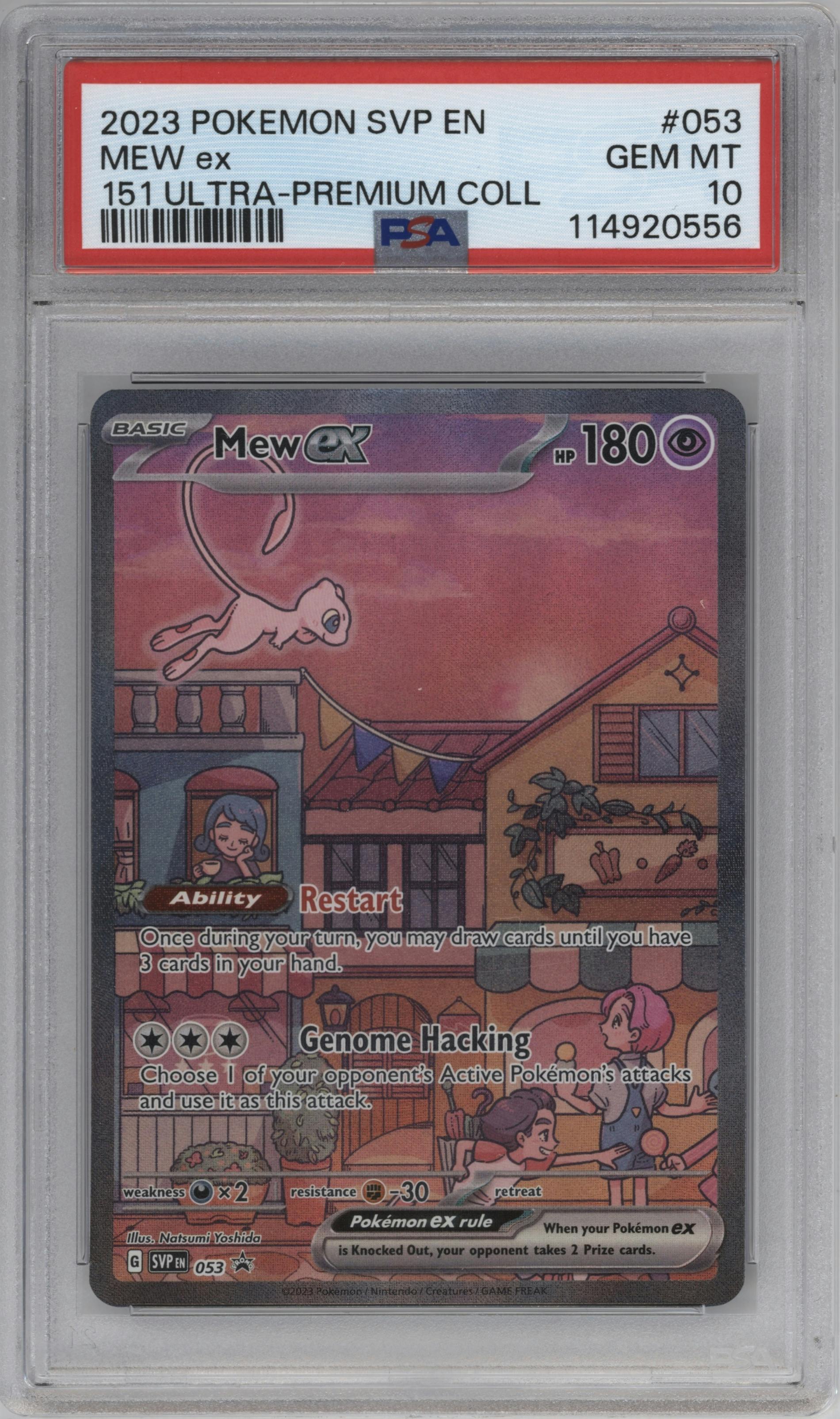Mew ex from the 2023 Pokemon SV set featuring a Ultra Premium Collection parallel graded by PSA and given an overall grade of 10.