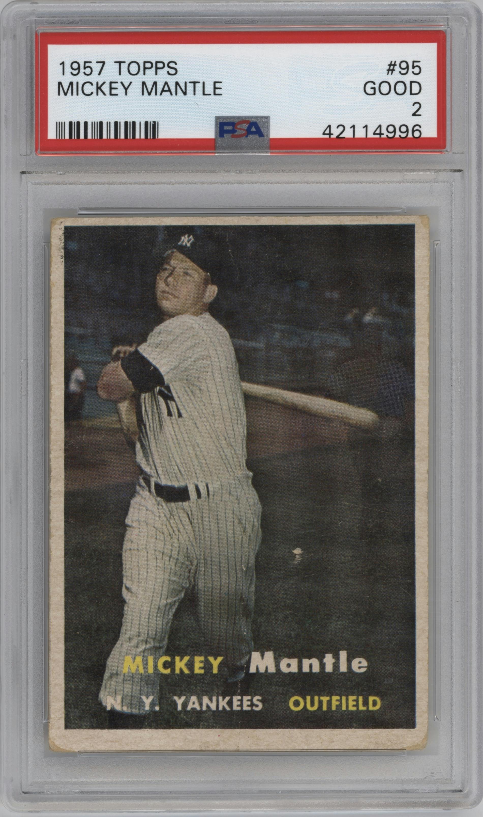 Mickey Mantle from the 1957 Topps set graded by PSA and given an overall grade of 2.