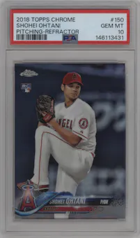 Shohei Ohtani from the 2018 Topps Chrome set featuring a Refractor   parallel graded by PSA and given an overall grade of 10.
