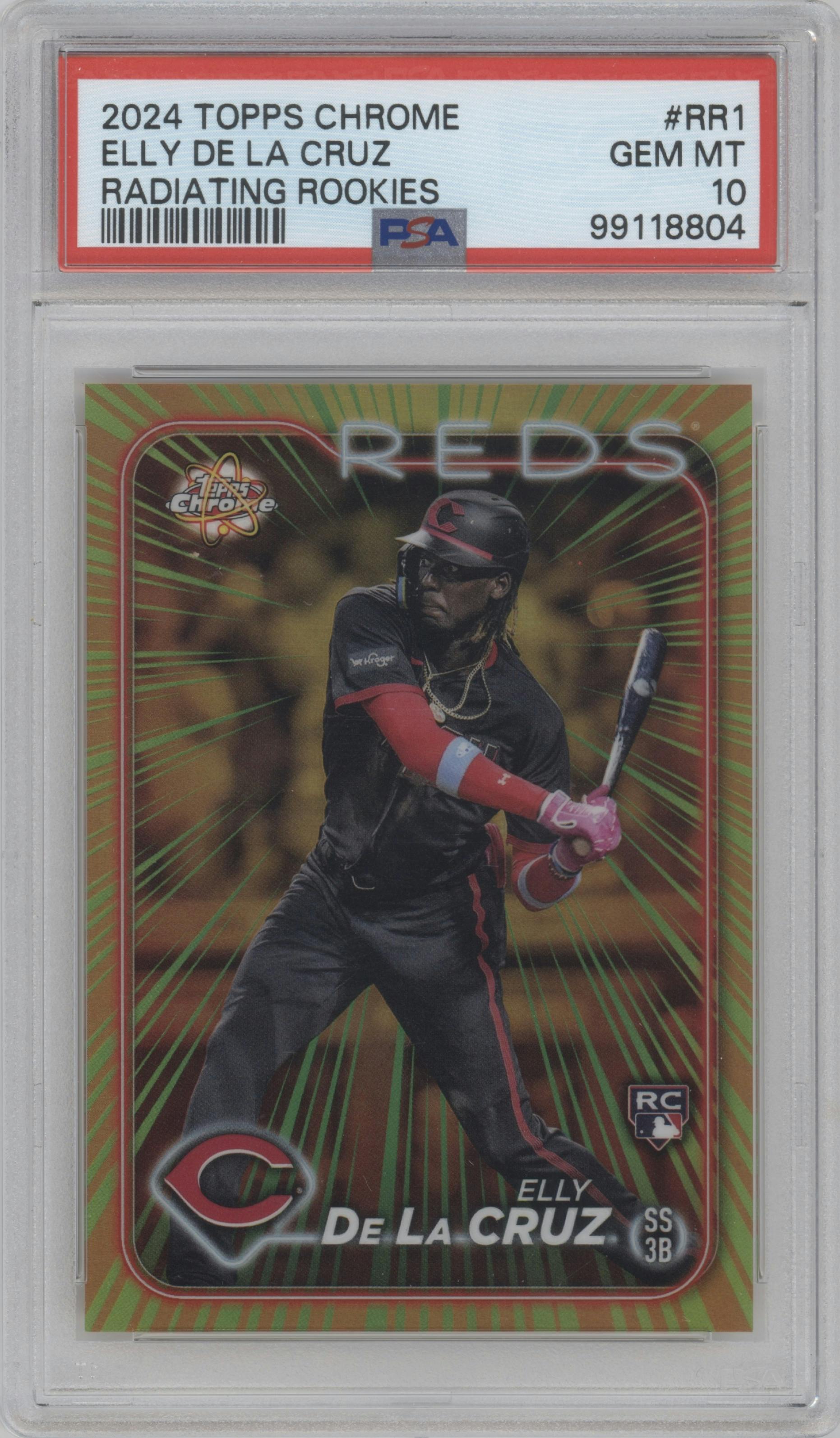  Elly De La Cruz from the 2024 Topps Chrome set graded by PSA and given an overall grade of 10.